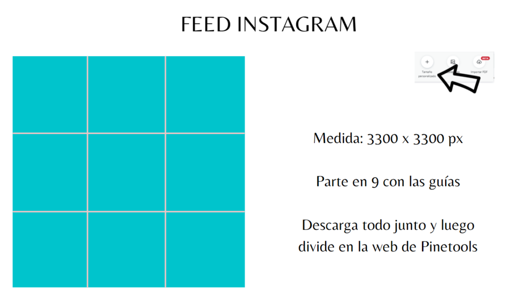 Medida para diseñar un feed rompecabezas de Instagram. Lola-digital.com 